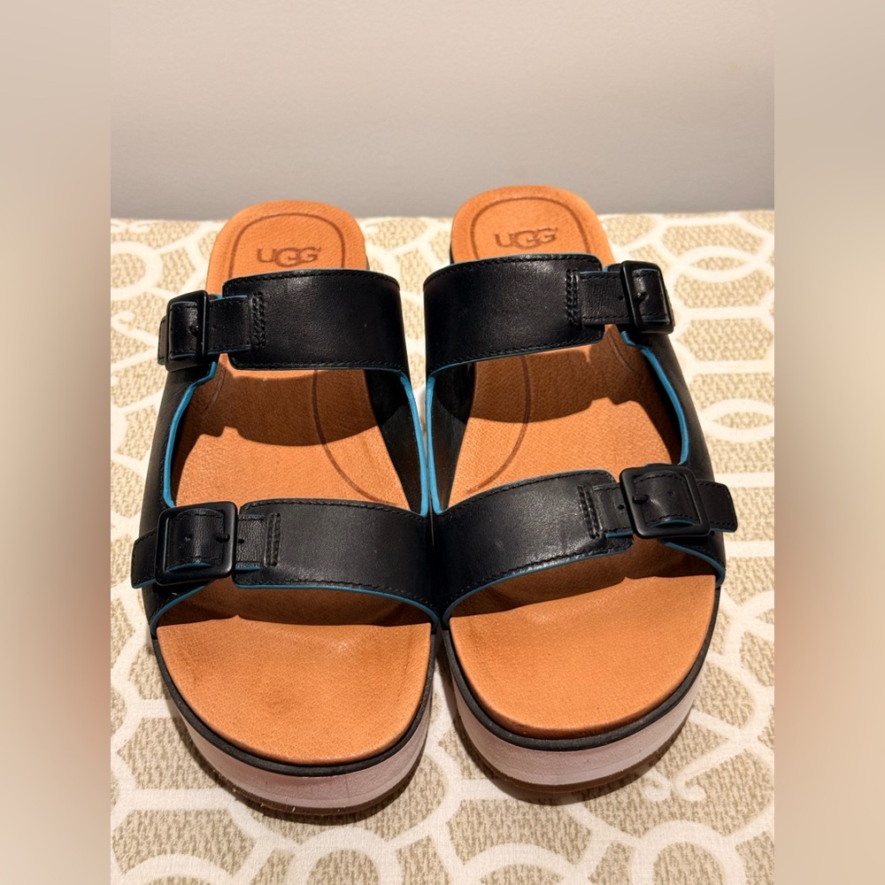 UGG HANNELI BLACK PLATFORM WEDGE LEATHER SLIPPERS 7.5.  worn only a few times.